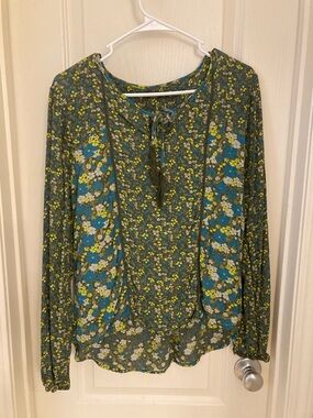 Floral Tie-Neck Long Sleeve Blouse - Green/Blue
